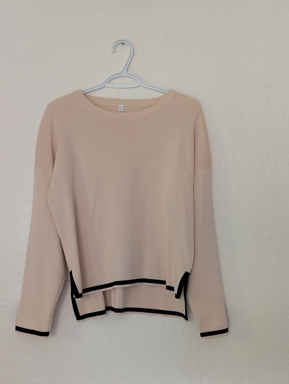 Neutral Beige Knit Sweater with Black Edge Detail